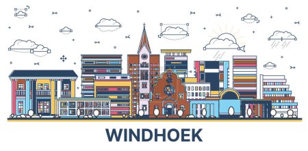 Téléchargez les illustrations : Découvrir Windhoek Namibia City Skyline avec des bâtiments modernes et historiques colorés isolés sur blanc. Illustration vectorielle. Windhoek Paysage urbain avec des monuments. - en licence libre de droit