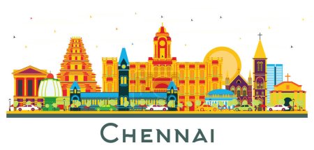 Ilustración de Chennai India City Skyline con hitos de color aislados en blanco. Ilustración vectorial. Concepto de viajes de negocios y turismo con arquitectura histórica. Paisaje urbano de Chennai con monumentos. - Imagen libre de derechos
