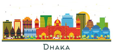 Illustration for Dhaka Bangladesh City Skyline with Color Buildings Isolated on White. Vector Illustration. Business Travel and Tourism Concept with Historic Buildings. Dhaka Cityscape with Landmarks. - Royalty Free Image
