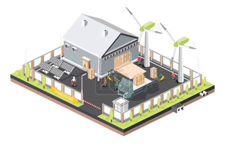Illustration for Isometric Distribution Logistic Center with Solar Panels and Wind Turbines. Warehouse Storage Facilities with Trucks. Vector Illustration. Loading Discharging Terminal. Green Eco Friendly House. - Royalty Free Image