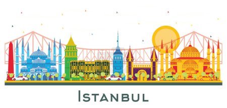Illustration for Istanbul Turkey City Skyline with Color Landmarks Isolated on White. Vector Illustration. Business Travel and Tourism Concept with Istanbul City. Istanbul Cityscape with Landmarks. - Royalty Free Image