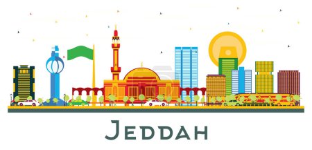 Téléchargez les illustrations : Jeddah Saudi Arabia City Skyline avec des bâtiments de couleur isolés sur blanc. Illustration vectorielle. Business Travel and Tourism Concept with Modern Buildings. Paysage urbain de Jeddah avec des monuments. - en licence libre de droit