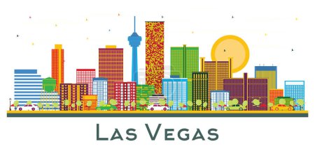 Téléchargez les illustrations : Las Vegas USA City Skyline avec bâtiments de couleur isolés sur blanc. Illustration vectorielle. Business Travel and Tourism Concept with Modern Buildings. Paysage urbain de Las Vegas avec des monuments. - en licence libre de droit