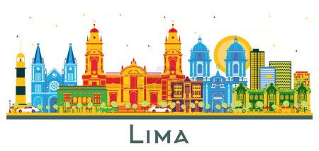 Illustration for Lima Peru City Skyline with Color Buildings Isolated on White. Vector Illustration. Business Travel and Tourism Concept with Lima City. Lima Cityscape with Landmarks. - Royalty Free Image