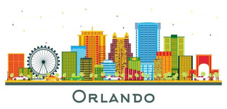 Orlando Florida City Skyline mit farbigen Gebäuden isoliert auf weiß. Vektorillustration. Geschäftsreise- und Tourismuskonzept mit moderner Architektur. Orlando Stadtbild mit Sehenswürdigkeiten.