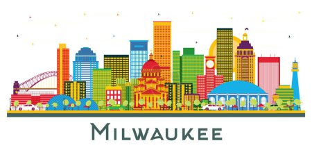 Illustration for Milwaukee City Skyline with Color Buildings Isolated on White. Vector Illustration. Business Travel and Tourism Concept with Modern Buildings. Milwaukee Cityscape with Landmarks. - Royalty Free Image