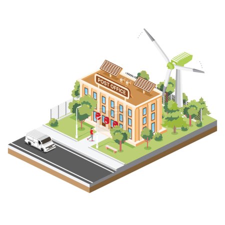 Illustration for Isometric Post Office Building with Solar Panels and Wind Turbines Isolated on White. Vector Illustration. Trees and Van. Man Goes with a Parcel to the Post Office. Green Eco Friendly House. - Royalty Free Image