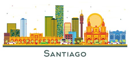 Illustration for Santiago Chile City Skyline with Color Buildings Isolated on White. Vector Illustration. Business Travel and Tourism Concept with Modern Buildings. Santiago Cityscape with Landmarks. - Royalty Free Image