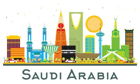 Illustration for Saudi Arabia Skyline with Color Landmarks Isolated on White. Vector Illustration. Business Travel and Tourism Concept. Saudi Arabia Cityscape with Landmarks. - Royalty Free Image