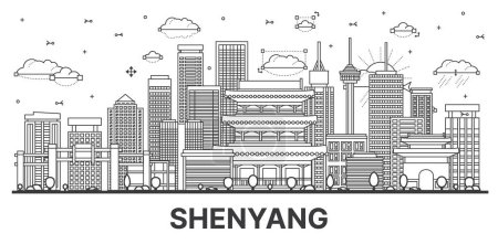 Illustration for Outline Shenyang China City Skyline with Modern and Historic Buildings Isolated on White. Vector Illustration. Shenyang Cityscape with Landmarks. - Royalty Free Image