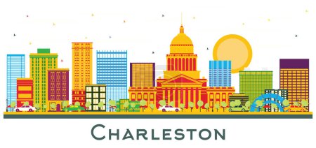 Charleston City Skyline mit farbigen Gebäuden isoliert auf weiß. West Virginia. Vektorillustration. Geschäftsreise- und Tourismuskonzept mit moderner Architektur. Stadtbild mit Wahrzeichen.