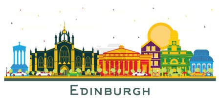 Téléchargez les illustrations : Edinburgh Scotland skyline de la ville avec des bâtiments de couleur isolés sur blanc. Illustration vectorielle. Voyage d'affaires et tourisme concept avec des bâtiments historiques. Paysage urbain d'Édimbourg avec des monuments. - en licence libre de droit