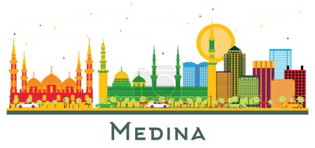 Illustration for Medina Saudi Arabia city Skyline with Color Buildings isolated on white. Vector Illustration. Business Travel and Tourism Concept with Historic Buildings. Medina cityscape with landmarks. - Royalty Free Image