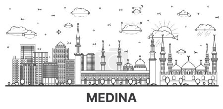 Téléchargez les illustrations : Décrivez Medina Saudi Arabia City Skyline avec des bâtiments modernes et historiques isolés sur blanc. Illustration vectorielle. Paysage urbain médina avec des points de repère. - en licence libre de droit