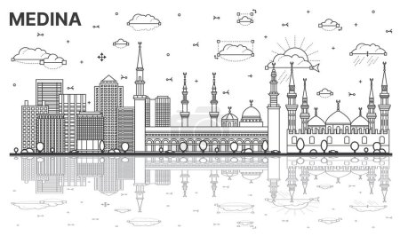 Téléchargez les illustrations : Décrivez Medina Saudi Arabia City Skyline avec des reflets et des bâtiments historiques isolés sur blanc. Illustration vectorielle. Paysage urbain médina avec des points de repère. - en licence libre de droit