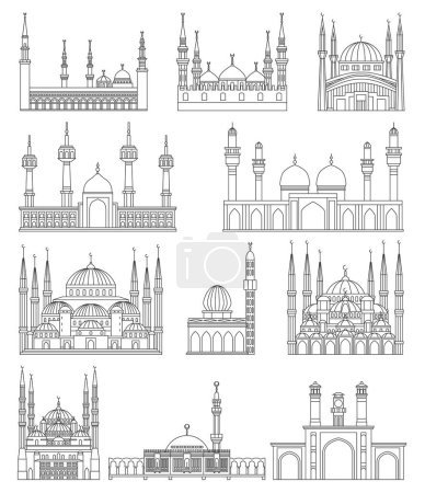 Ilustración de Conjunto de mezquitas islámicas. Esboza edificios. Ilustración vectorial. Símbolos religiosos. - Imagen libre de derechos