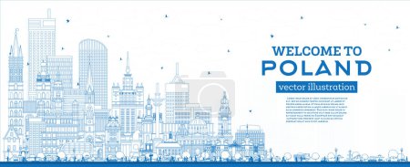 Illustration for Outline Poland City Skyline with Blue Buildings. Vector Illustration. Concept with Modern Architecture. Poland Cityscape with Landmarks. Warsaw. Krakow. Lodz. Wroclaw. Poznan. - Royalty Free Image