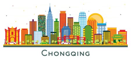 Ilustración de Chongqing China ciudad Skyline con edificios de color aislados en blanco. Ilustración vectorial. Concepto de viajes de negocios y turismo con edificios modernos de Chongqing. Paisaje urbano de Chongqing con monumentos. - Imagen libre de derechos
