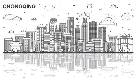 Téléchargez les illustrations : Décrivez Chongqing China City Skyline avec des bâtiments modernes et des reflets isolés sur blanc. Illustration vectorielle. Paysage urbain de Chongqing avec des monuments. - en licence libre de droit