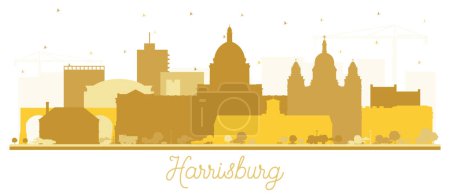 Harrisburg Pennsylvania City Skyline Silhouette mit goldenen Gebäuden isoliert auf weiß. Vektorillustration. Harrisburg USA Stadtbild mit Wahrzeichen. Geschäftsreise- und Tourismuskonzept.