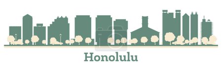 Téléchargez les illustrations : Honolulu Hawaii silhouette d'horizon de la ville avec des bâtiments de couleur. Illustration vectorielle. Paysage urbain avec des monuments. - en licence libre de droit
