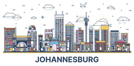Téléchargez les illustrations : Découvrir Johannesburg South Africa City Skyline avec des bâtiments modernes et historiques colorés isolés sur blanc. Illustration vectorielle. Johannesburg Paysage urbain avec des monuments. - en licence libre de droit