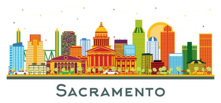 Illustration for Sacramento USA city Skyline with Color Buildings isolated on white. Vector Illustration. Business Travel and Tourism Concept with Modern Architecture. Sacramento cityscape with landmarks. - Royalty Free Image