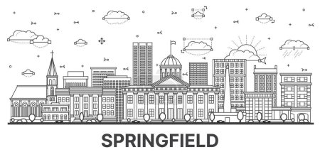 Téléchargez les illustrations : Décrivez Springfield Illinois City Skyline avec des bâtiments modernes et historiques isolés sur blanc. Illustration vectorielle. Springfield USA Paysage urbain avec des monuments. - en licence libre de droit