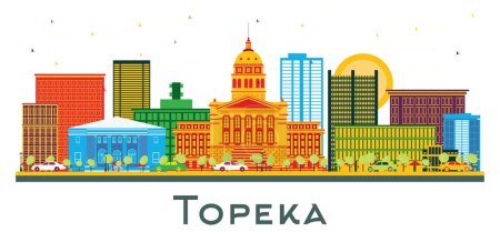 Illustration for Topeka Kansas USA city Skyline with Color Buildings isolated on white. Vector Illustration. Business Travel and Tourism Concept with Modern Architecture. Topeka cityscape with landmarks. - Royalty Free Image