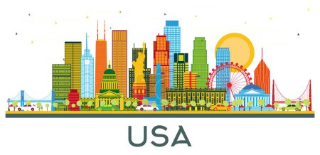 Ilustración de USA Skyline con rascacielos de color y puntos de referencia aislados en blanco. Ilustración vectorial. Concepto de viajes de negocios y turismo con arquitectura moderna. - Imagen libre de derechos