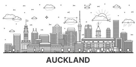 Illustration for Outline Auckland New Zealand city skyline with modern and historic buildings isolated on white. Vector illustration. Auckland cityscape with landmarks. - Royalty Free Image