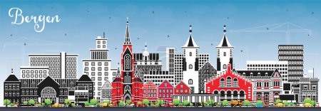Illustration for Bergen Norway City Skyline with Color Buildings and Blue Sky. Vector Illustration. Bergen Cityscape with Landmarks. Business Travel and Tourism Concept with Historic Architecture. - Royalty Free Image