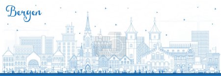 Téléchargez les illustrations : Décrivez Bergen Norway City Skyline avec Blue Buildings. Illustration vectorielle. Paysage urbain de Bergen avec des monuments. Voyages d'affaires et tourisme Concept avec architecture historique. - en licence libre de droit