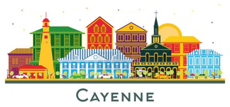 Ilustración de Cayenne City Skyline con edificios de color aislados en blanco. Ilustración vectorial. Concepto de viajes de negocios y turismo con arquitectura moderna. Paisaje urbano de Cayena con monumentos. - Imagen libre de derechos