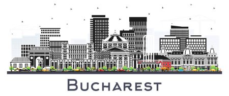 Bukarest Romania City Skyline mit farbigen Gebäuden isoliert auf weiß. Vektorillustration. Bukarester Stadtbild mit Sehenswürdigkeiten. Geschäftsreise- und Tourismuskonzept mit historischer Architektur.