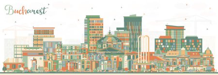 Illustration for Bucharest Romania City Skyline with Color Buildings. Vector Illustration. Bucharest Cityscape with Landmarks. Business Travel and Tourism Concept with Historic Architecture. - Royalty Free Image