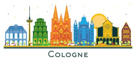 Colonia Alemania City Skyline con edificios de color aislados en blanco. Ilustración vectorial. Concepto de viajes de negocios y turismo con arquitectura histórica. Paisaje urbano de Colonia con monumentos.