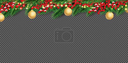Illustration for Christmas border with fir branches, red holly berries and golden balls. Neon garland with yellow lights. Vector illustration. Merry christmas and happy new year. Objects on checkered background. - Royalty Free Image
