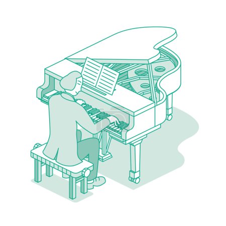 Illustration for Pianist Character. Elegant man playing musical composition at professional grand piano. Musical instrument. Isometric concept isolated on white. Vector Illustration. - Royalty Free Image