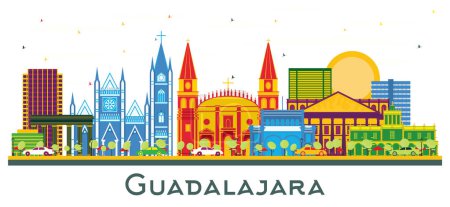 Illustration for Guadalajara Mexico city Skyline with Color Buildings isolated on white. Vector Illustration. Business Travel and Tourism Concept with Historic Architecture. Guadalajara Cityscape with Landmarks. - Royalty Free Image