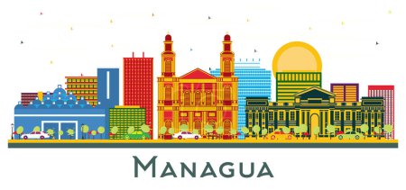 Illustration for Managua Nicaragua city Skyline with Color Buildings isolated on white. Vector Illustration. Business Travel and Tourism Concept with Modern Architecture. Managua Cityscape with Landmarks. - Royalty Free Image