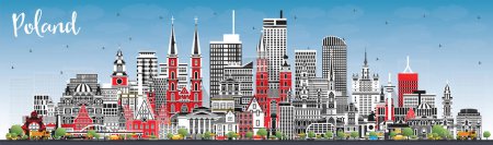 Illustration for Poland City Skyline with Gray Buildings and Blue Sky. Vector Illustration. Concept with Modern Architecture. Poland Cityscape with Landmarks. Warsaw. Krakow. Lodz. Wroclaw. Poznan. - Royalty Free Image