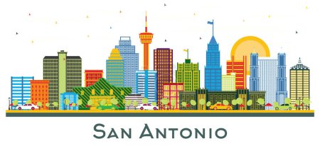 San Antonio Texas City Skyline mit farbigen Gebäuden isoliert auf weiß. Vektorillustration. Geschäftsreise- und Tourismuskonzept mit moderner Architektur. San Antonio Stadtbild mit Sehenswürdigkeiten.