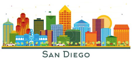 Ilustración de Ciudad de San Diego California Skyline con edificios de color aislados en blanco. Ilustración vectorial. Concepto de viajes de negocios y turismo con arquitectura moderna. Paisaje urbano de San Diego con hitos. - Imagen libre de derechos
