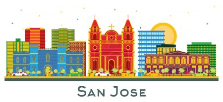 San Jose City Skyline mit farbigen Gebäuden isoliert auf weiß. Vektorillustration. Geschäftsreise- und Tourismuskonzept mit moderner Architektur. San Jose Stadtbild mit Sehenswürdigkeiten.