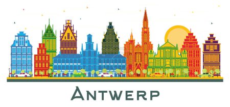 Illustration for Antwerp Belgium City Skyline with Color Buildings isolated on white. Vector Illustration. Business Travel and Tourism Concept with Historic Architecture. Antwerp Cityscape with Landmarks. - Royalty Free Image