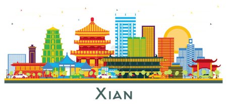 Ilustración de Xian China ciudad Skyline con edificios de color aislados en blanco. Ilustración vectorial. Concepto de viajes de negocios y turismo con arquitectura histórica. Xian Paisaje urbano con lugares de interés. - Imagen libre de derechos