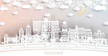 Ilustración de Indore India City Skyline en estilo de corte de papel con edificios blancos, luna y guirnalda de neón. Ilustración vectorial. Concepto de Viajes y Turismo. Indore Paisaje urbano con hitos. - Imagen libre de derechos