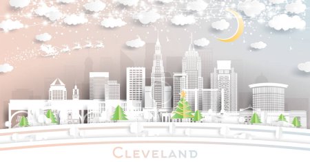 Illustration for Cleveland Ohio USA. Winter City Skyline in Paper Cut Style with Snowflakes, Moon and Neon Garland. Christmas and New Year Concept. Santa Claus on Sleigh. Cleveland Cityscape with Landmarks - Royalty Free Image