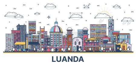 Téléchargez les illustrations : Décrivez Luanda Angola ville skyline avec des bâtiments modernes et historiques colorés isolés sur blanc. Illustration vectorielle. Paysage urbain de Luanda avec des monuments. - en licence libre de droit